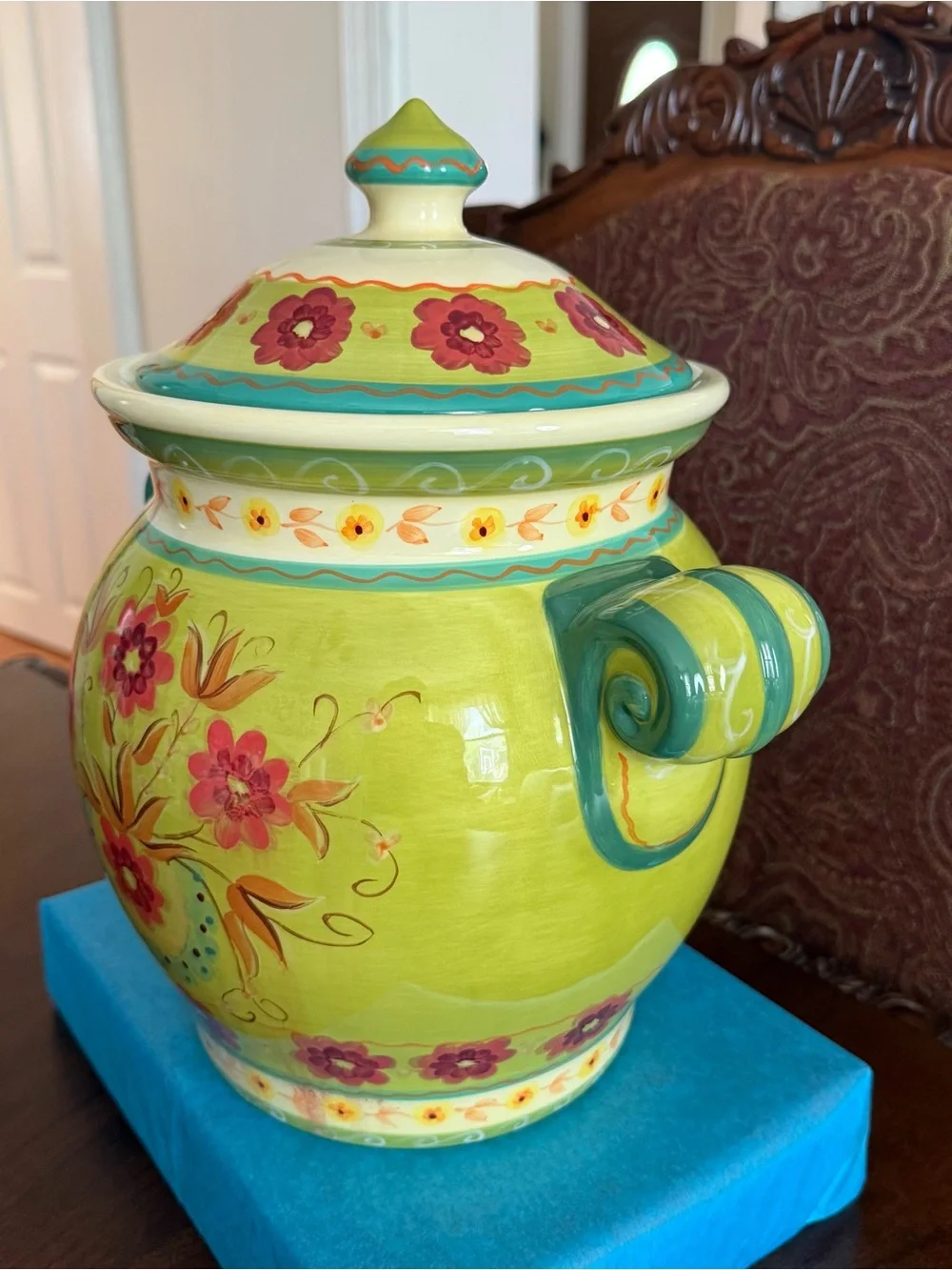 Pier 1 Hand-Painted Ceramic Cookie Jar Canister Lime Green Floral Lid w/Seal 12”